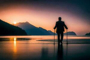 un' uomo con stampelle a piedi su il spiaggia a tramonto. ai-generato foto