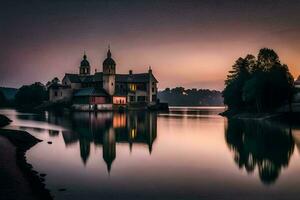un' Chiesa si siede su il riva di un' lago a tramonto. ai-generato foto
