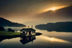 un' piccolo Casa si siede su il riva di un' lago. ai-generato foto