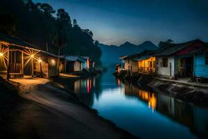 un' fiume nel il mezzo di un' villaggio a notte. ai-generato foto