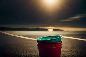 Due rosso e blu benne seduta su il spiaggia a tramonto. ai-generato foto