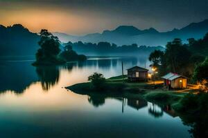 un' piccolo Casa si siede su il bordo di un' lago a tramonto. ai-generato foto