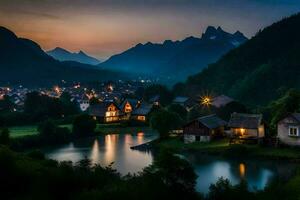 un' villaggio nel il montagne a notte. ai-generato foto