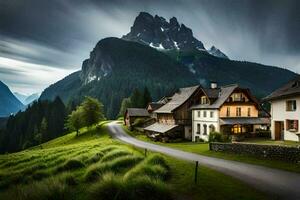 foto sfondo il cielo, montagne, strada, Casa, Casa, il strada, il montagne,. ai-generato