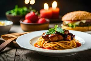 pollo e spaghetti con pomodoro salsa su un' piatto. ai-generato foto