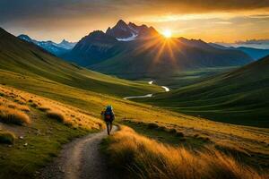 il sole sorge al di sopra di il montagne nel il sfondo. ai-generato foto