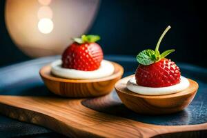 Due piccolo ciotole con fragole su superiore di un' di legno vassoio. ai-generato foto