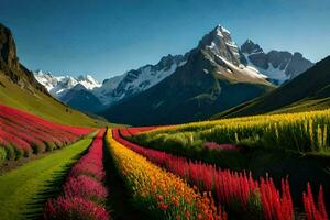 un' campo di colorato fiori e montagne. ai-generato foto