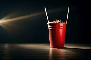 un' rosso tazza con un' ciotola di Popcorn e un' leggero splendente su esso. ai-generato foto