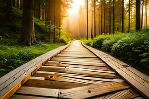 di legno sentiero nel il foresta a tramonto. ai-generato foto