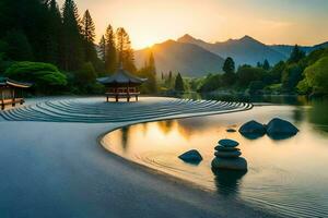 un' bellissimo tramonto al di sopra di un' lago con rocce e un' pagoda. ai-generato foto