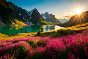 il sole sorge al di sopra di il montagne e il lago nel Questo bellissimo paesaggio. ai-generato foto