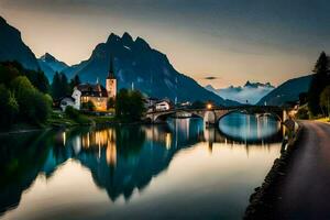 un' ponte al di sopra di un' fiume nel il montagne a tramonto. ai-generato foto