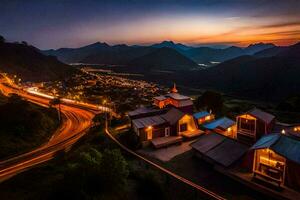 un' Visualizza di il montagne a crepuscolo con luci su il strada. ai-generato foto