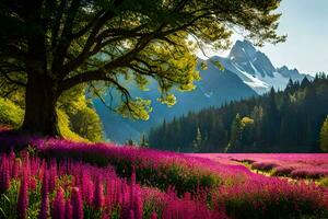 un' bellissimo viola campo con alberi e montagne. ai-generato foto