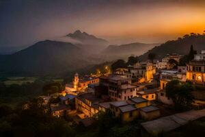 un' villaggio nel il montagne a tramonto. ai-generato foto