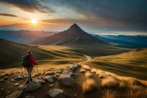 un' uomo con zaino su il montagna. ai-generato foto