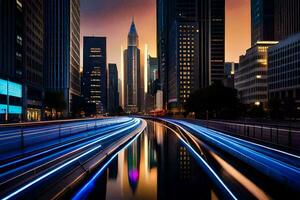 un' città strada a notte con luci su il strada. ai-generato foto