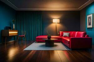 un' vivente camera con un' rosso divano e un' caffè tavolo. ai-generato foto