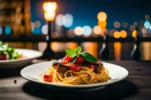 spaghetti con pomodoro e basilico su un' piatto. ai-generato foto