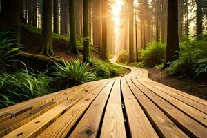 di legno sentiero nel il foresta con sole splendente attraverso. ai-generato foto