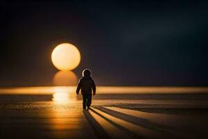 un' persona a piedi su il spiaggia a notte con il Luna nel il sfondo. ai-generato foto
