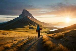 un' uomo passeggiate su un' sentiero nel il montagne. ai-generato foto