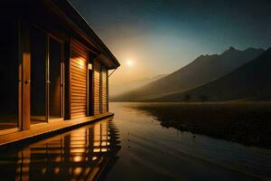 un' cabina nel il montagne a tramonto. ai-generato foto