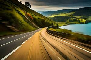 un' strada con un' lago nel il sfondo. ai-generato foto