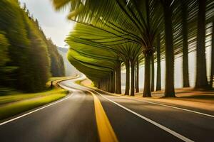 un' lungo esposizione fotografia di un' strada con palma alberi. ai-generato foto