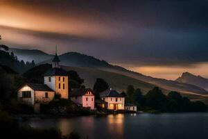 foto sfondo il cielo, montagne, lago, Chiesa, Casa, il scuro, il lago,. ai-generato