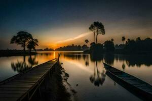 un' barca è attraccato su il acqua a tramonto. ai-generato foto