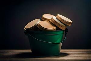 un' verde secchio con parecchi di legno coperchi. ai-generato foto