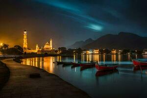 Barche nel il acqua a notte con montagne nel il sfondo. ai-generato foto