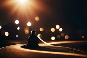 un' persona seduta su il strada a notte con luci splendente. ai-generato foto