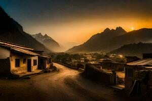 un' villaggio a tramonto nel il montagne. ai-generato foto