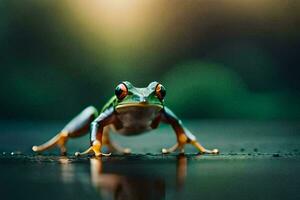 un' rana è in piedi su un' bagnato superficie. ai-generato foto