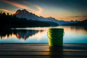 un' verde secchio si siede su un' bacino prospiciente un' lago. ai-generato foto