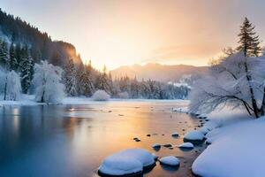 foto sfondo il cielo, neve, alberi, fiume, montagne, tramonto, il sole, inverno. ai-generato