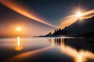 il sole sorge al di sopra di un' lago e montagne. ai-generato foto