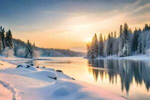 foto sfondo il cielo, neve, alberi, fiume, lago, tramonto, il sole, inverno. ai-generato
