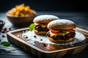 Due hamburger su un' di legno taglio tavola. ai-generato foto