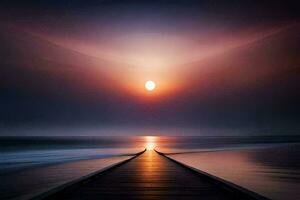 un' lungo di legno molo conduce per il oceano a tramonto. ai-generato foto