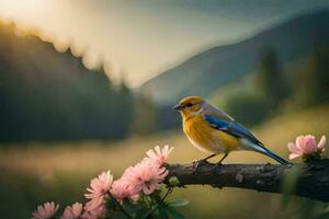 un' blu uccello si siede su un' ramo nel davanti di un' rosa fiore. ai-generato foto