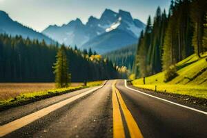 un' strada nel il montagne con alberi e montagne nel il sfondo. ai-generato foto