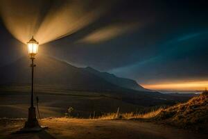 un' strada leggero brilla nel il buio a notte. ai-generato foto