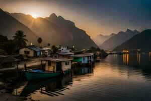 Barche attraccato nel il acqua a tramonto con montagne nel il sfondo. ai-generato foto