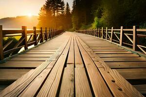 un' di legno ponte al di sopra di un' lago a tramonto. ai-generato foto
