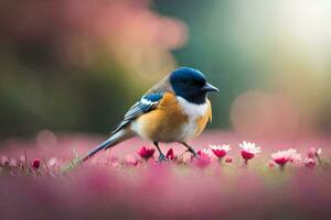 un' uccello è in piedi su un' campo di rosa fiori. ai-generato foto