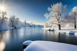 un' fiume nel il inverno con neve coperto alberi. ai-generato foto